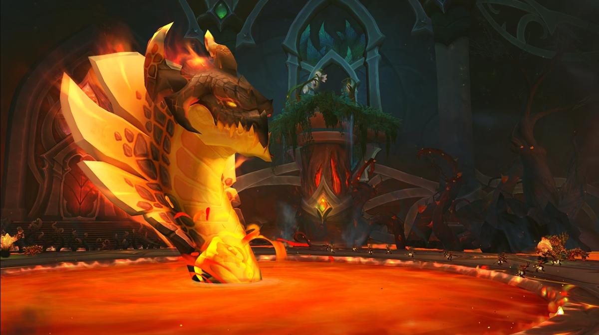 The serpent Volcoross in Amirdrassill, the Dream's Hope Raid in World of Warcraft: Dragonflight.